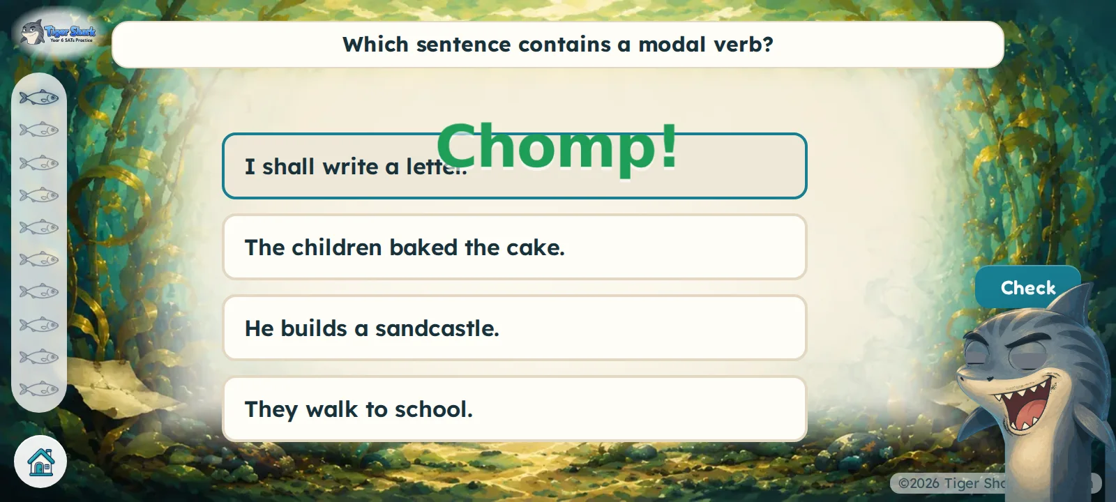 Cosmo surfacing with the word Chomp! after a correct answer