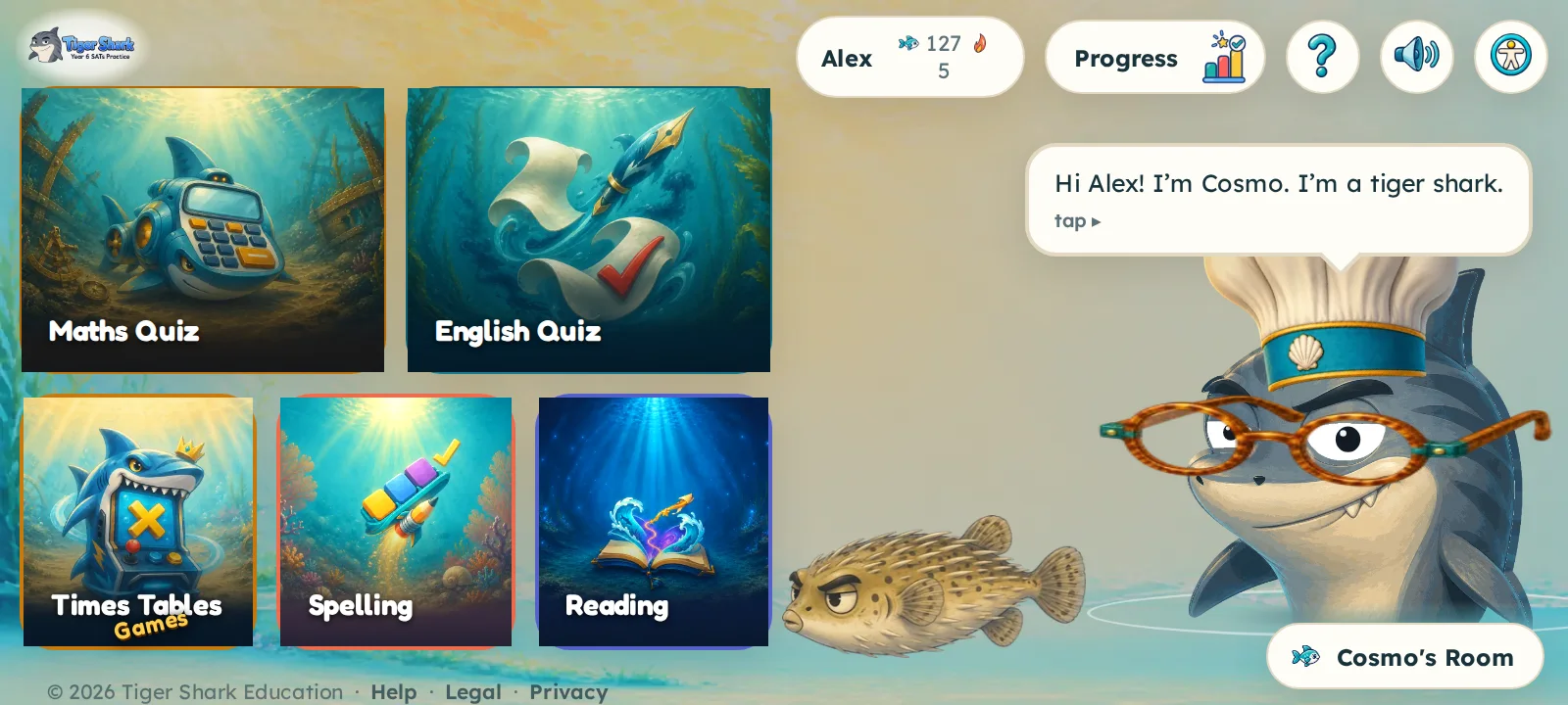 The Tiger Shark home screen: Cosmo the shark in a chef's hat and round glasses, with a porcupinefish pet swimming beside him