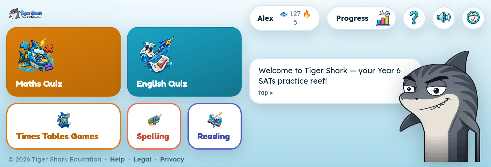 The Tiger Shark home screen with Cosmo the shark saying hello