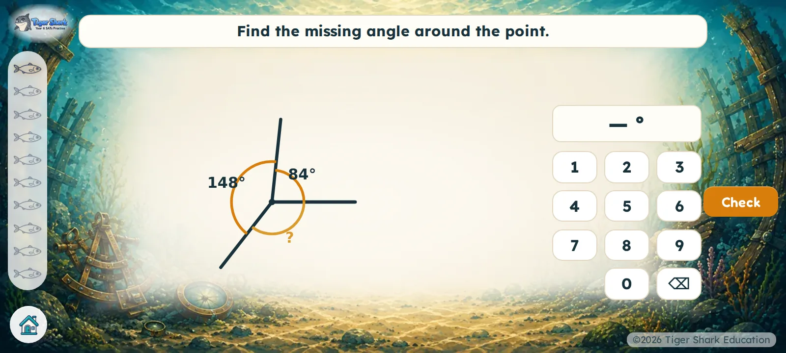 A maths question: find the missing angle around a point, with a diagram and a number pad