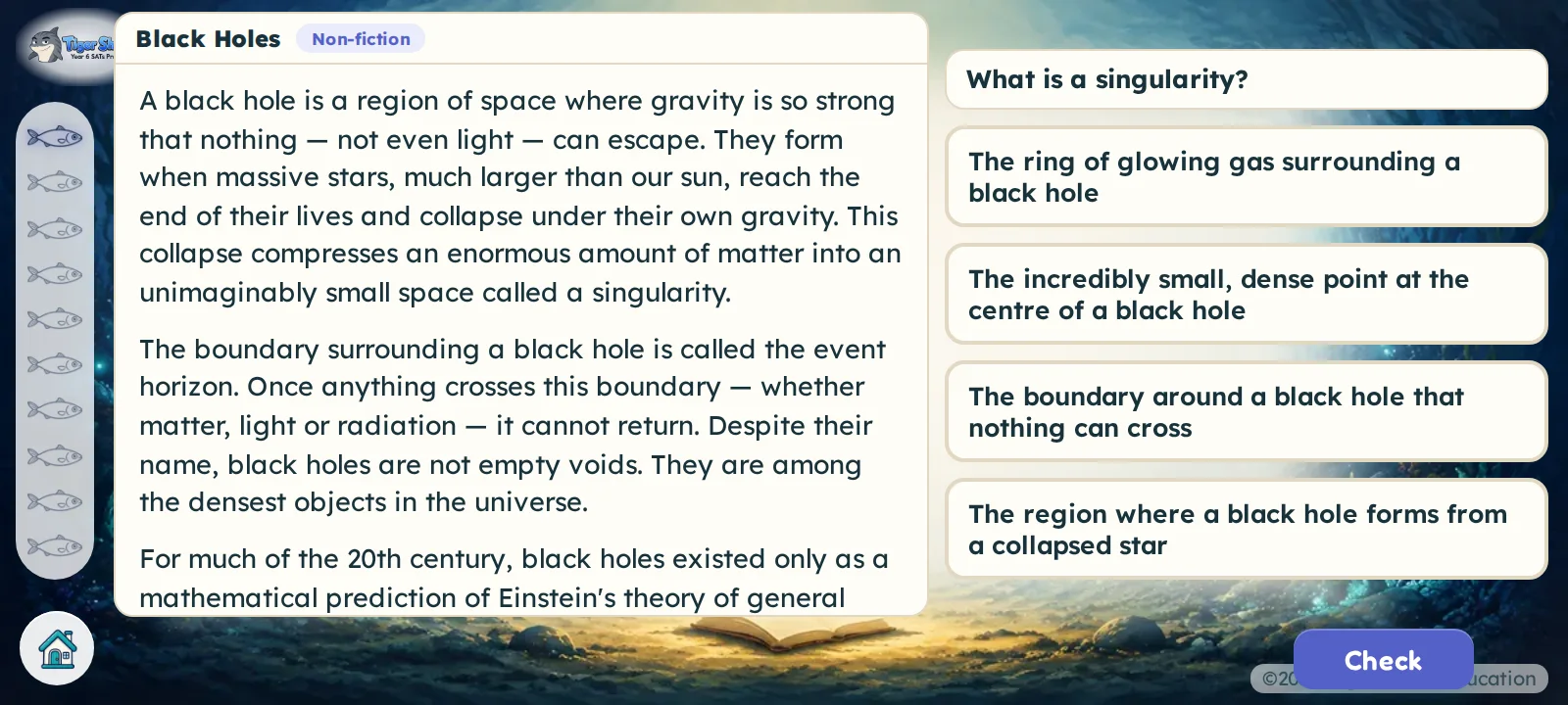 A reading passage about black holes beside a comprehension question with four options