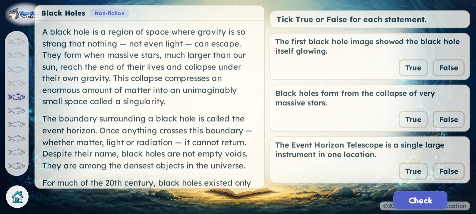 A reading passage beside three true-or-false statements