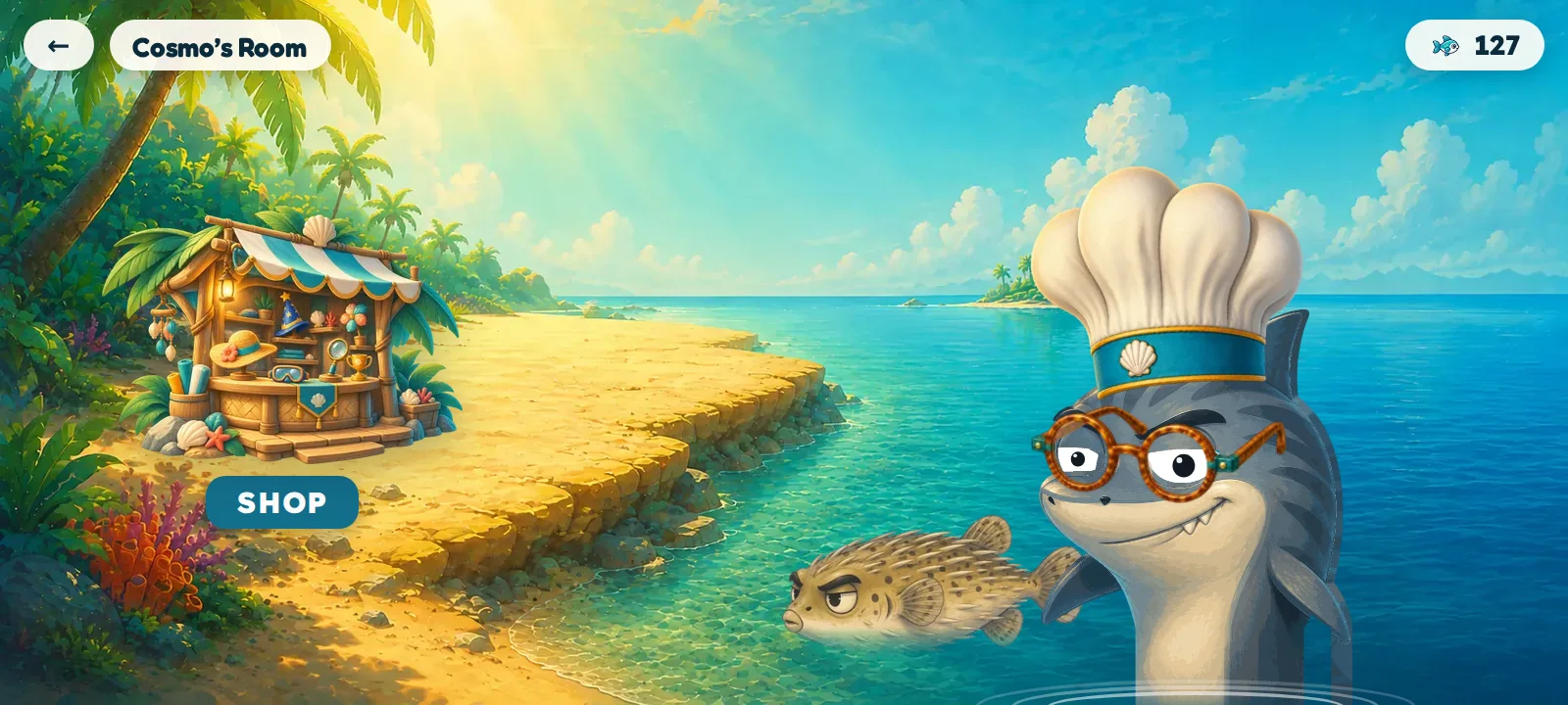 Cosmo's Room: a sunny island with a shop hut, Cosmo in the water