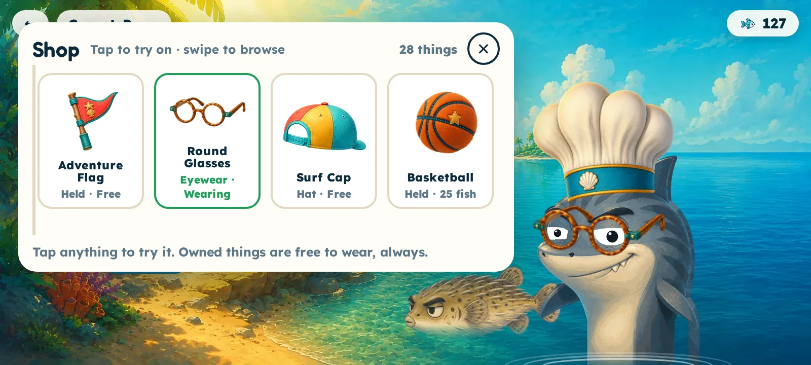 The shop, showing an adventure flag, round glasses, a surf cap and a basketball with prices in fish