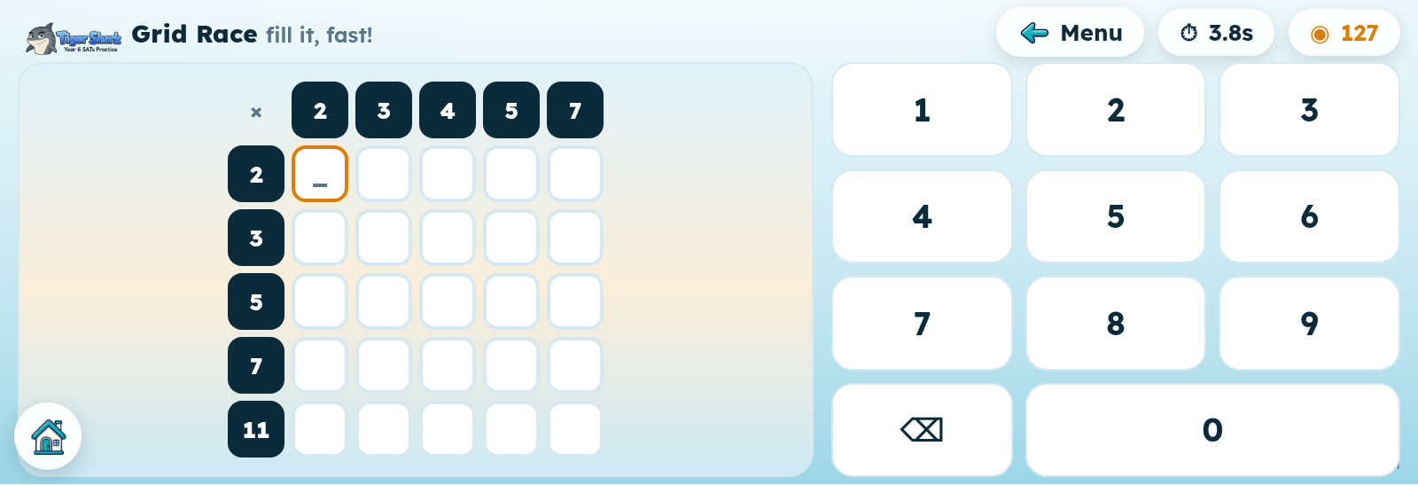 Grid Race times tables game with a multiplication grid