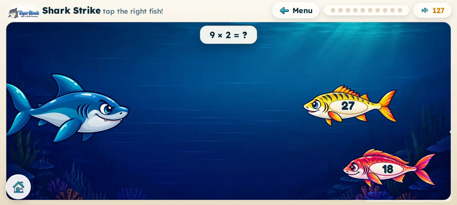 Shark Strike: tap the fish carrying the right answer to 9 times 2